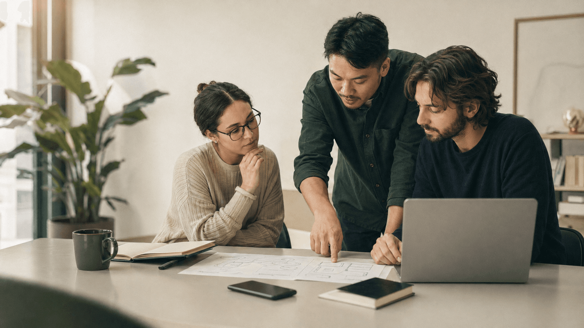 A software operations team reviewing a customer workflow around a laptop