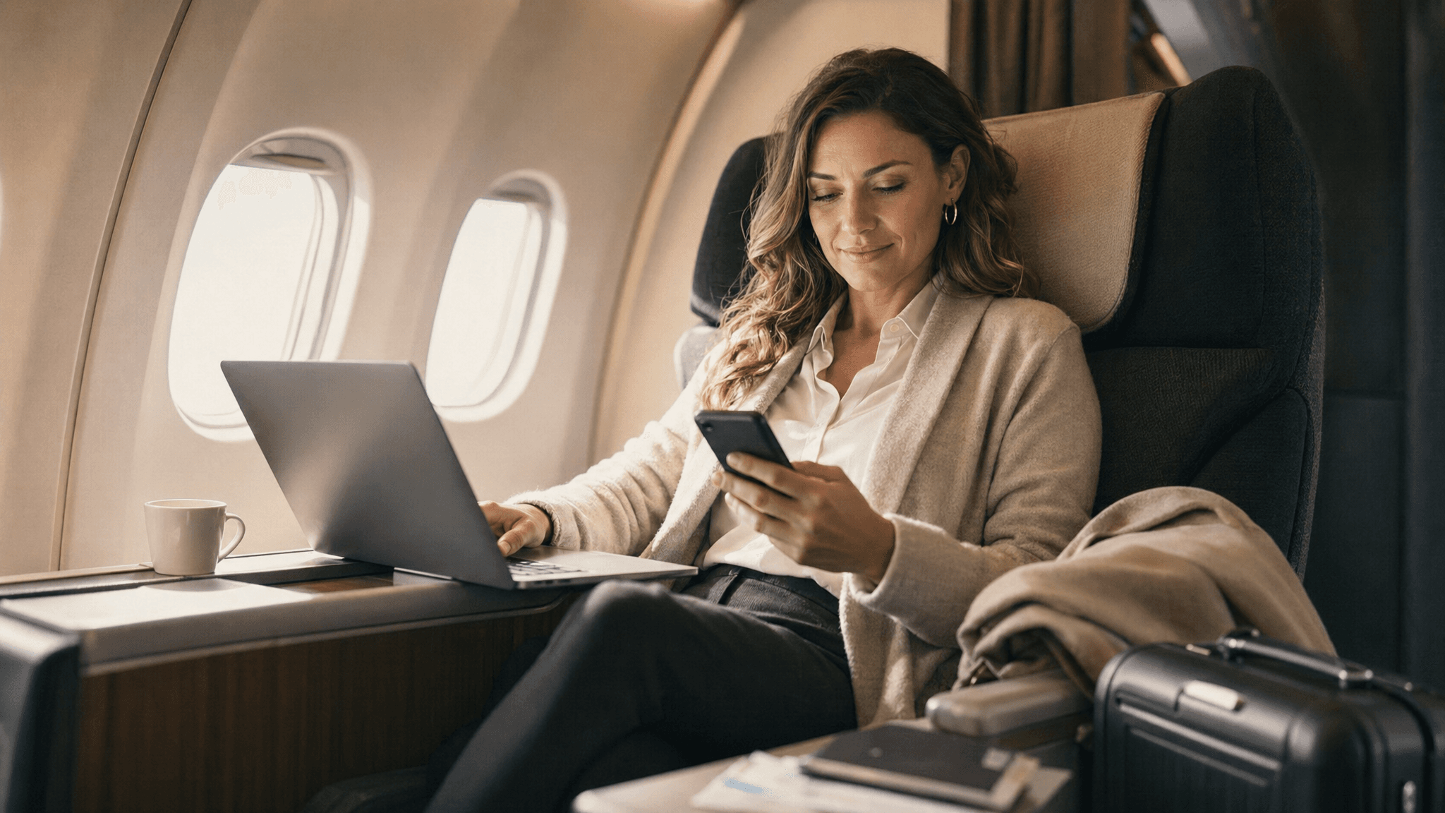 A business traveler using a phone and laptop from an airplane seat